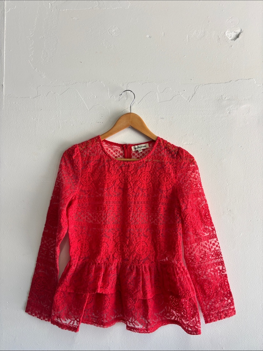 Red Lace Peplum Silk Top with Floral Motif